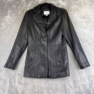 Worthington Fitted Leather Blazer Women's Small Black Button Front Jacket (1402)